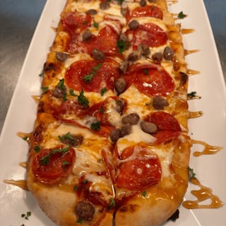 Hot Honey Pepperoni and Sausage Flatbread Pizza